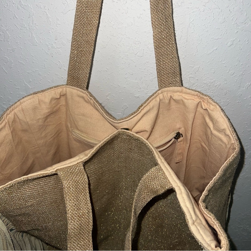 Muche et Muchette Tan/Gold Jute Suede
Fringe Accented Tote - Picture 8 of 14